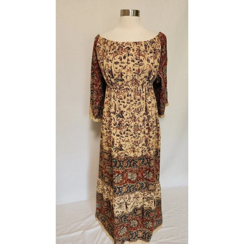 Womens 70s Vintage Hippie Off The Shoulder Dress India Horse Print Maxi